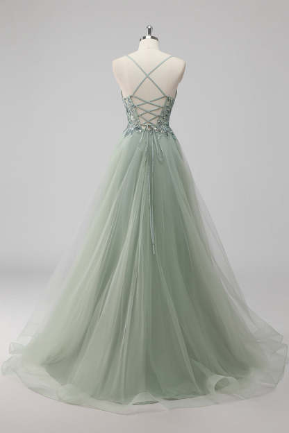 Saprkly Green Sequin A Line Lace Up Back Maxi Prom Dress