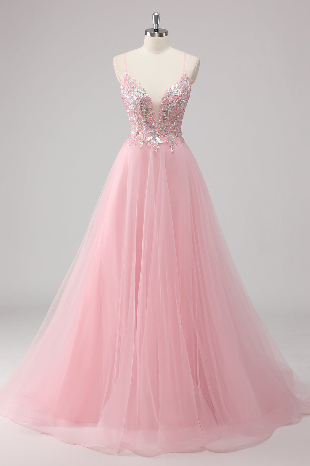 Sparkly Pink A Line Sequin Tulle Maxi Prom Dress