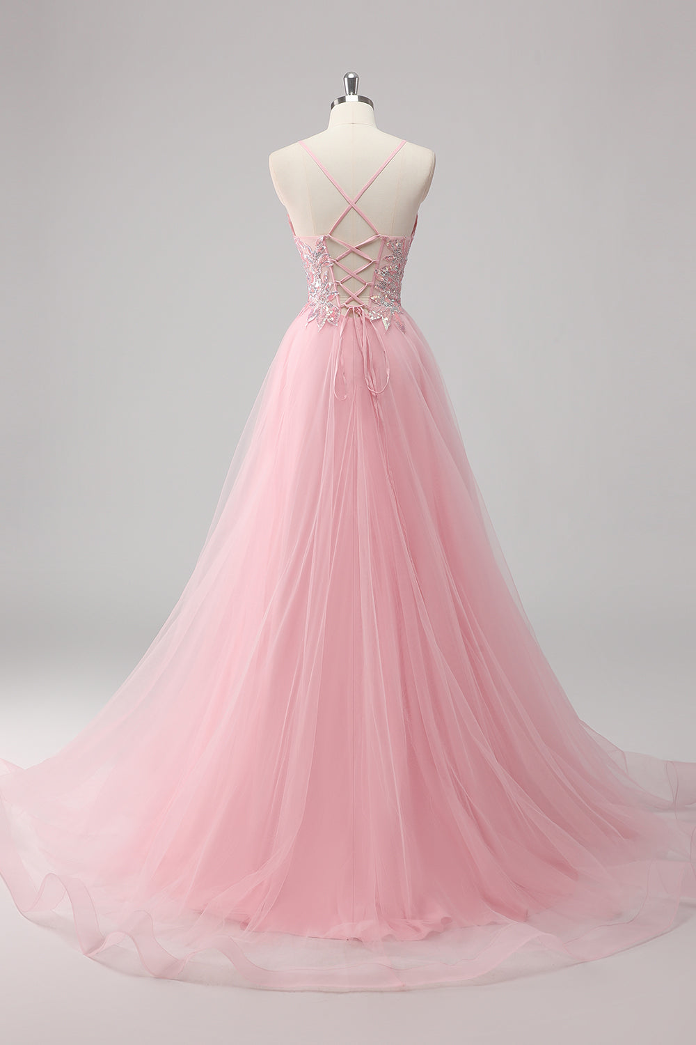 Sparkly Pink A Line Sequin Tulle Maxi Prom Dress