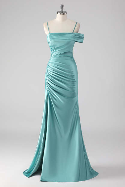 Leely Women Blue Sheath Ruched Prom Dress with Slit Spaghetti Straps Long Formal Dress