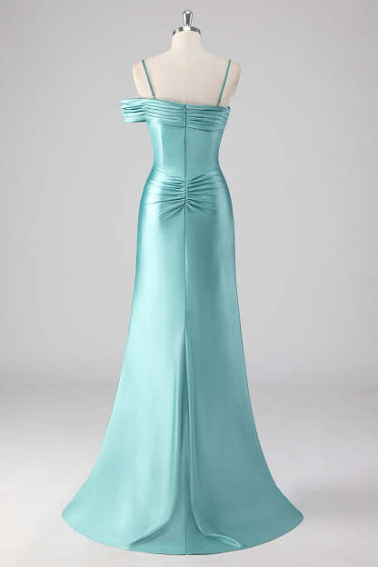 Blue Sheath Ruched Spaghetti Straps Long Prom Dress with Slit