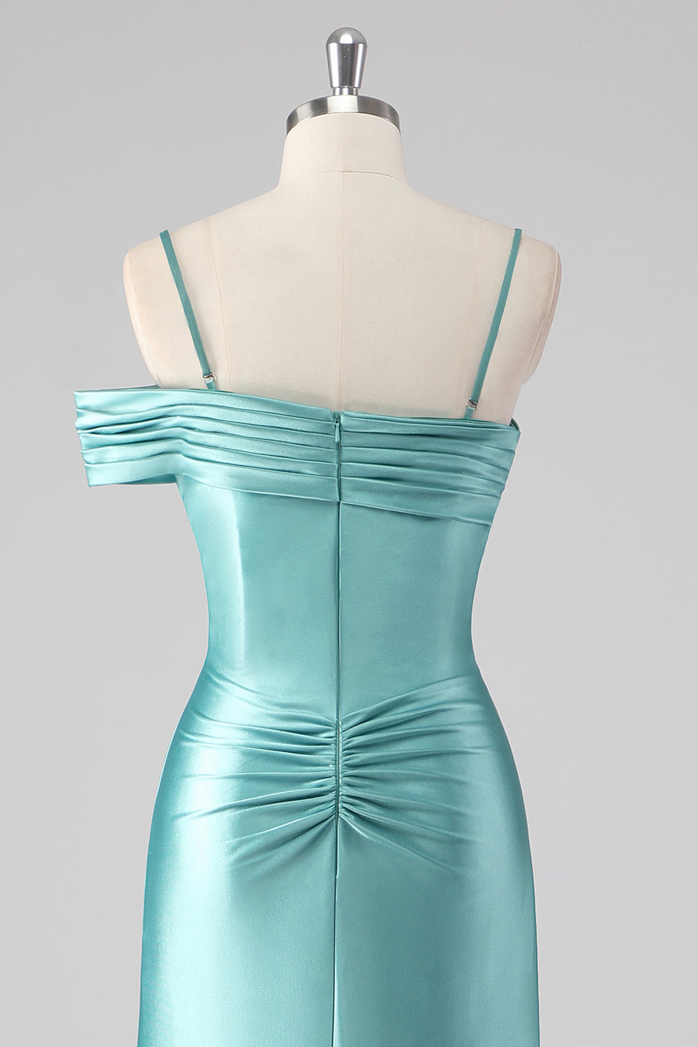 Blue Sheath Ruched Spaghetti Straps Long Prom Dress with Slit