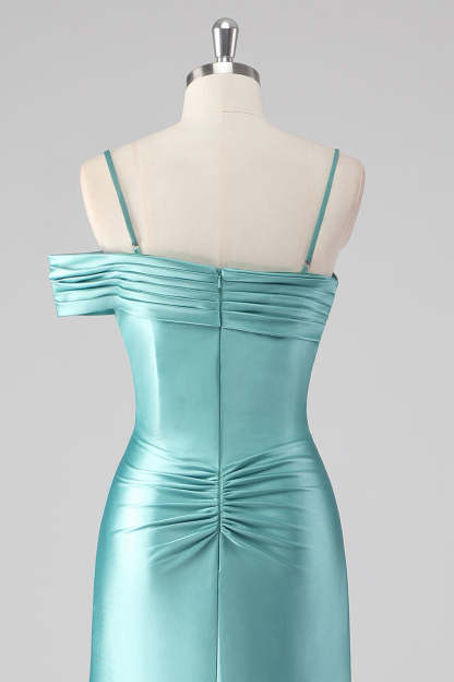 Blue Sheath Ruched Spaghetti Straps Long Prom Dress with Slit