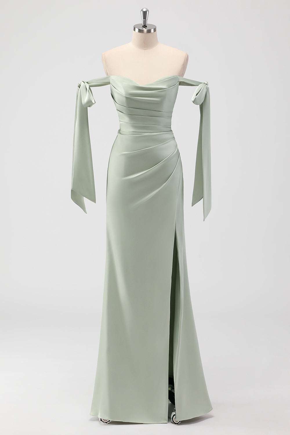 Leely Women Sage Green Sheath Satin Bridesmaid Dress with Bows Off the Shoulder Ruched Long Wedding Guest Dress with Slit