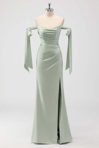 Leely Women Sage Green Sheath Satin Bridesmaid Dress with Bows Off the Shoulder Ruched Long Wedding Guest Dress with Slit