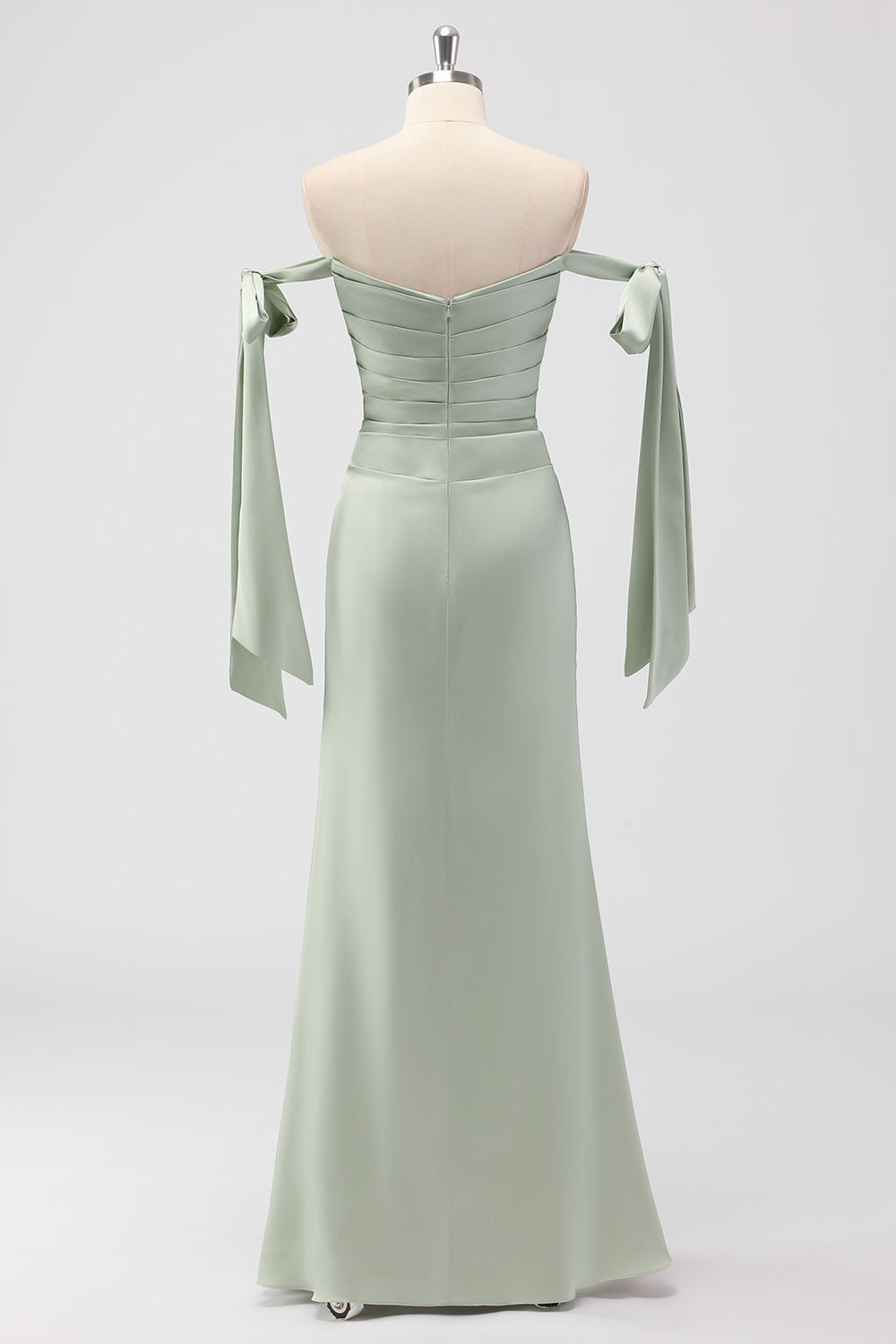 Sage Green Ruched Sheath Satin Bridesmaid Dress with Bows