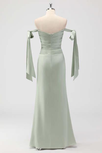 Sage Green Ruched Sheath Satin Bridesmaid Dress with Bows