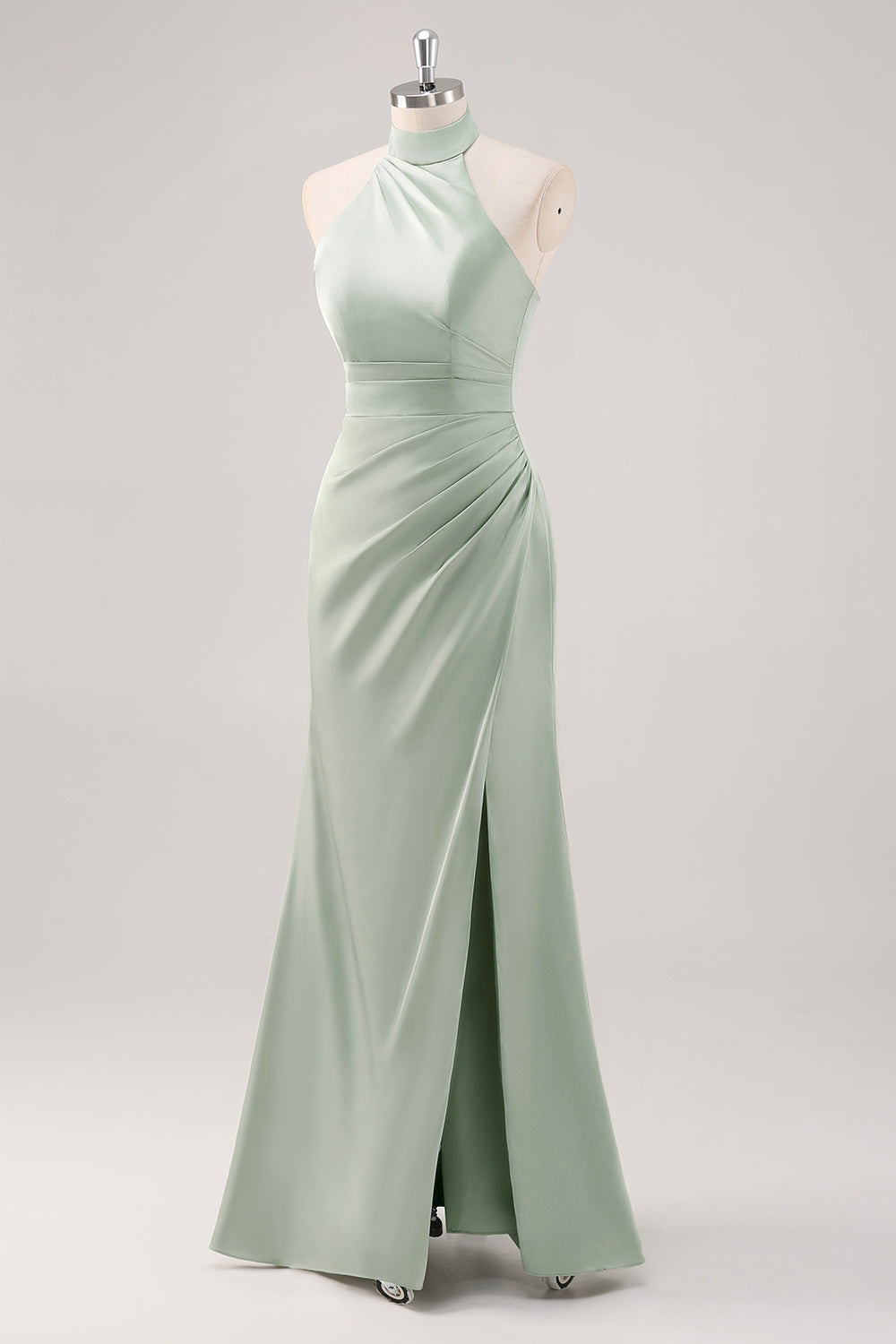 Sage Green Halter Sheath Ruched Maxi Bridesmaid Dress with Slit