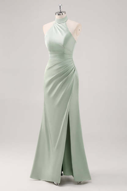 Sage Green Halter Sheath Ruched Maxi Bridesmaid Dress with Slit