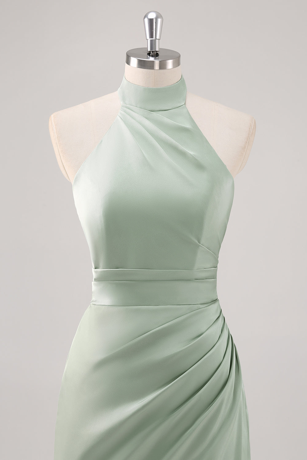 Sage Green Halter Sheath Ruched Maxi Bridesmaid Dress with Slit