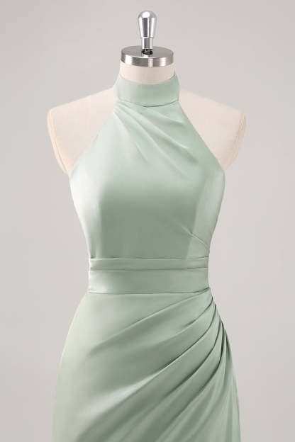 Sage Green Halter Sheath Ruched Maxi Bridesmaid Dress with Slit