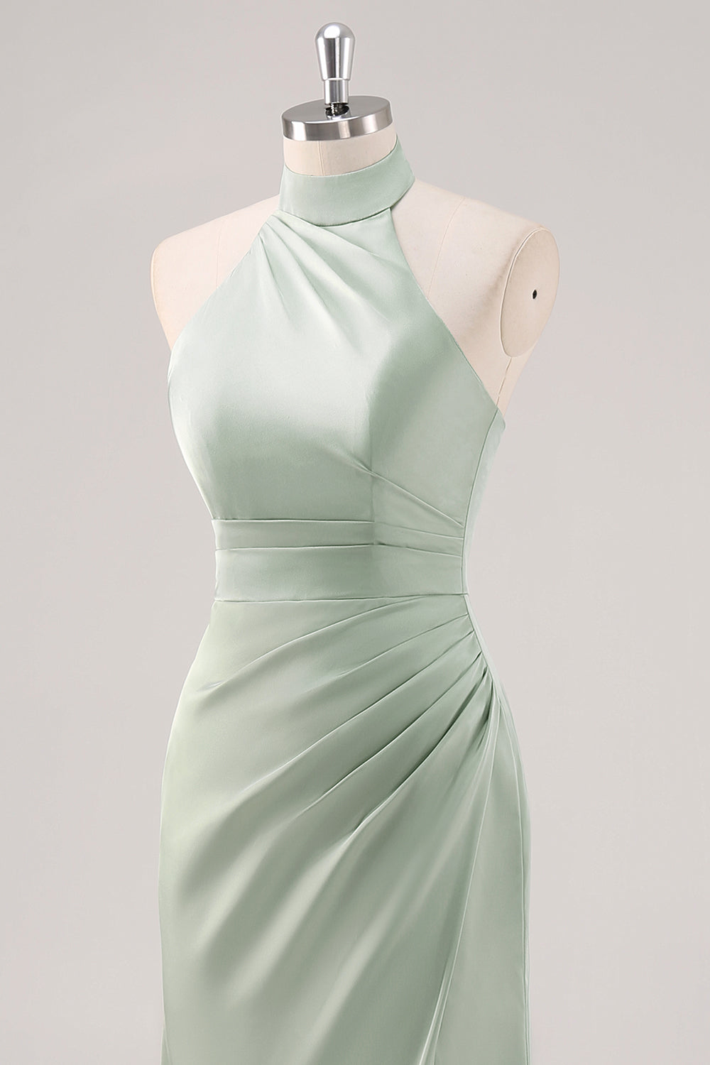 Sage Green Halter Sheath Ruched Maxi Bridesmaid Dress with Slit