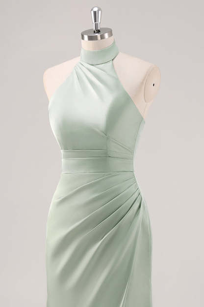 Sage Green Halter Sheath Ruched Maxi Bridesmaid Dress with Slit