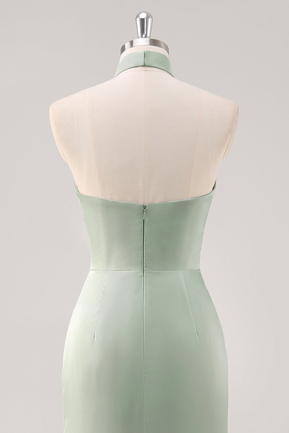 Sage Green Halter Sheath Ruched Maxi Bridesmaid Dress with Slit