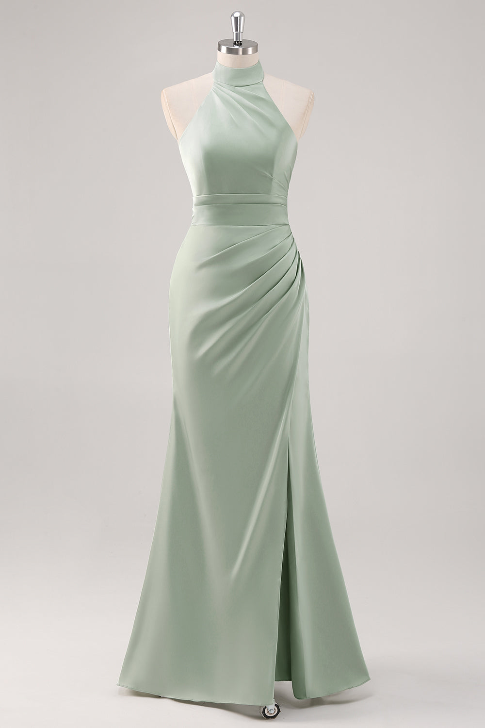 Leely Women Sage Green Sheath Satin Bridesmaid Dress with Slit Halter Ruched Wedding Guest Dress