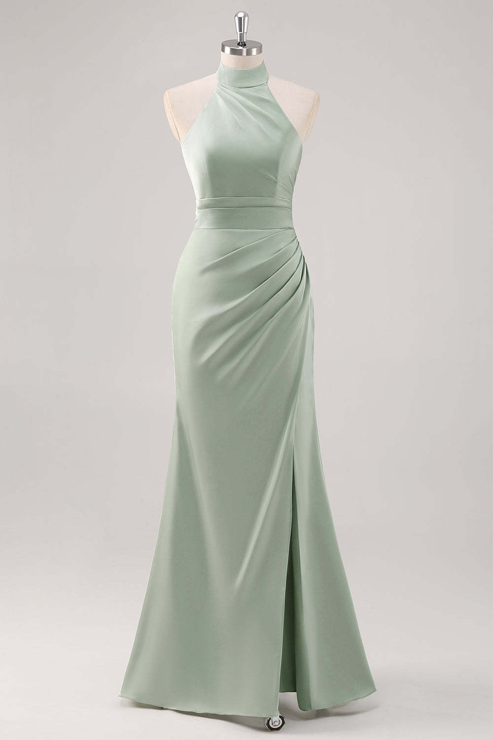 Leely Women Sage Green Sheath Satin Bridesmaid Dress with Slit Halter Ruched Wedding Guest Dress