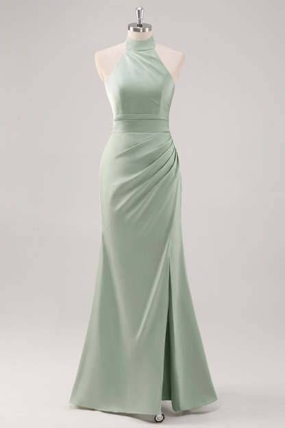 Leely Women Sage Green Sheath Satin Bridesmaid Dress with Slit Halter Ruched Wedding Guest Dress