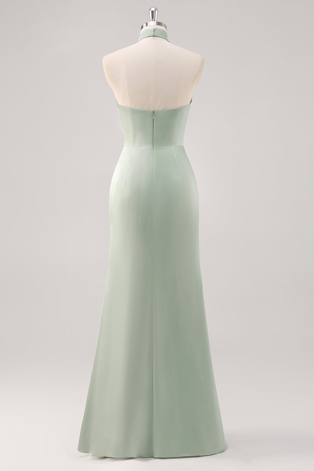 Sage Green Halter Sheath Ruched Maxi Bridesmaid Dress with Slit