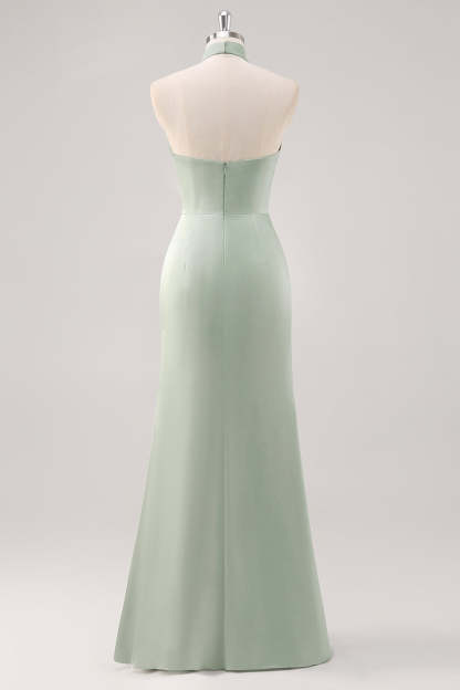 Sage Green Halter Sheath Ruched Maxi Bridesmaid Dress with Slit