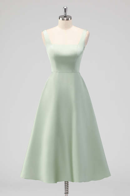 Leely Women Sage Green Satin A Line Bridesmaid Dress Tea Length Square Neck Wedding Guest Dress