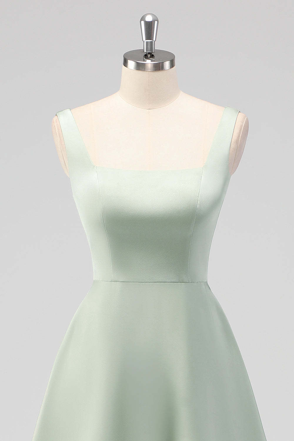Sage Green Square Neck Satin A Line Tea Length Bridesmaid Dress