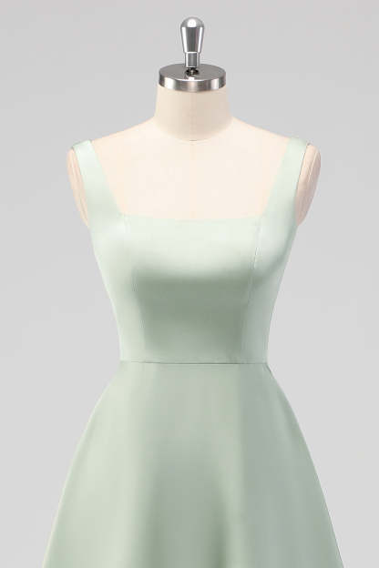 Sage Green Square Neck Satin A Line Tea Length Bridesmaid Dress