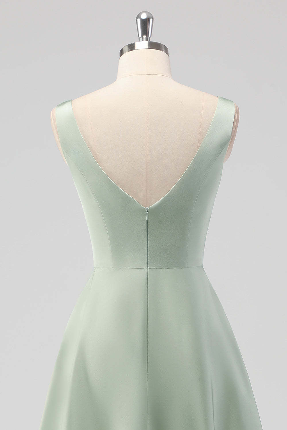 Sage Green Square Neck Satin A Line Tea Length Bridesmaid Dress