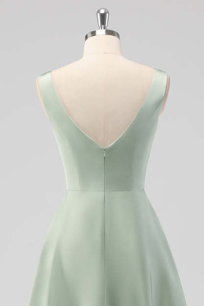 Sage Green Square Neck Satin A Line Tea Length Bridesmaid Dress