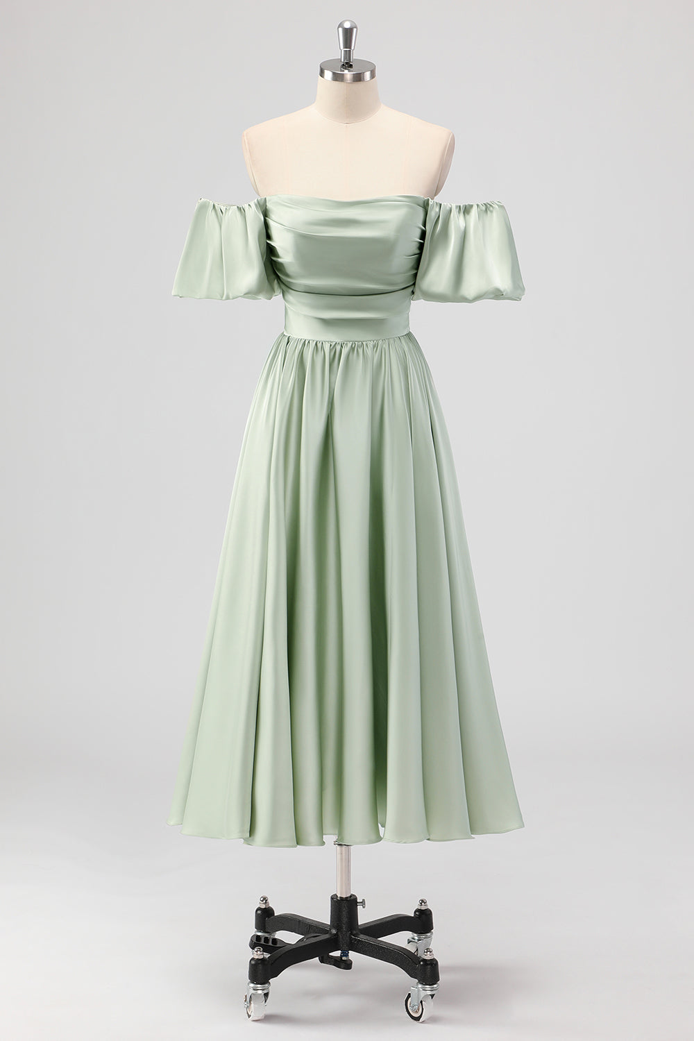 Leely Women Sage Green Satin A Line Tea Length Bridesmaid Dress Off the Shoulder Pleated Wedding Guest Dress