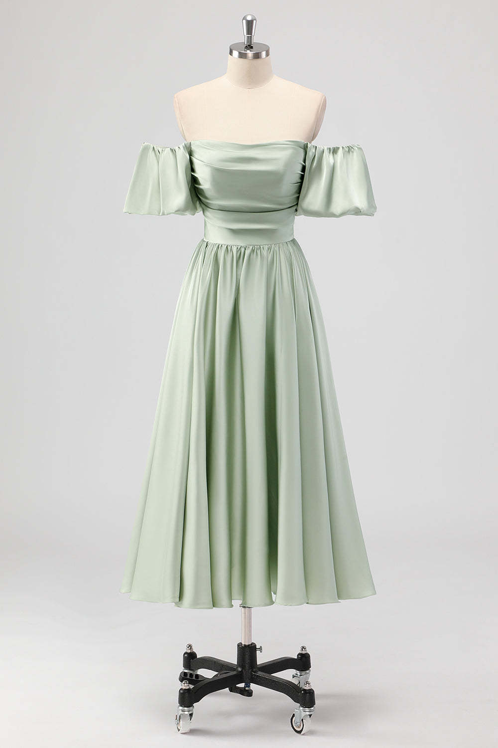 Leely Women Sage Green Satin A Line Tea Length Bridesmaid Dress Off the Shoulder Pleated Wedding Guest Dress