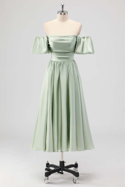 Leely Women Sage Green Satin A Line Tea Length Bridesmaid Dress Off the Shoulder Pleated Wedding Guest Dress