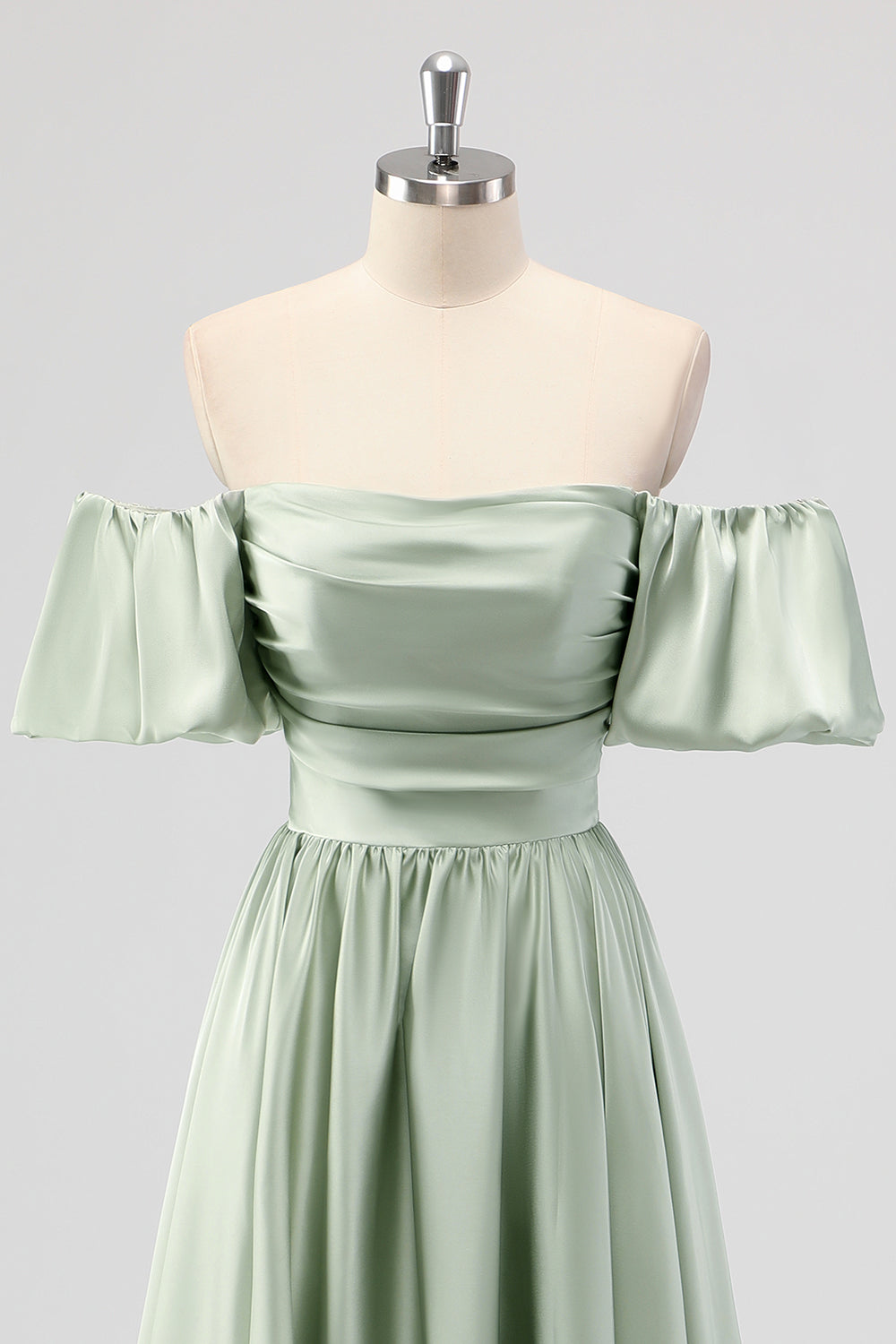 Sage Green Off the Shoulder Satin A Line Tea Length Bridesmaid Dress