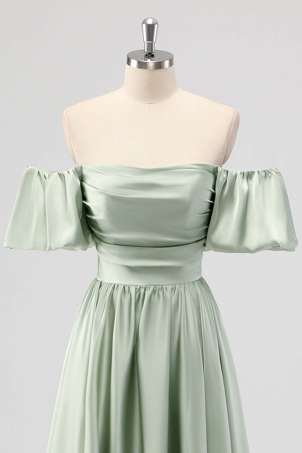 Sage Green Off the Shoulder Satin A Line Tea Length Bridesmaid Dress