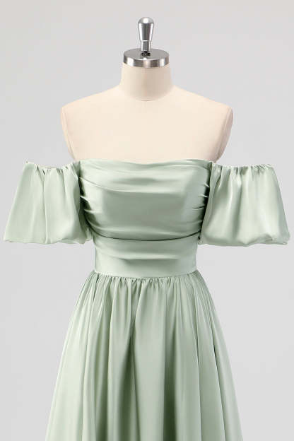 Sage Green Off the Shoulder Satin A Line Tea Length Bridesmaid Dress