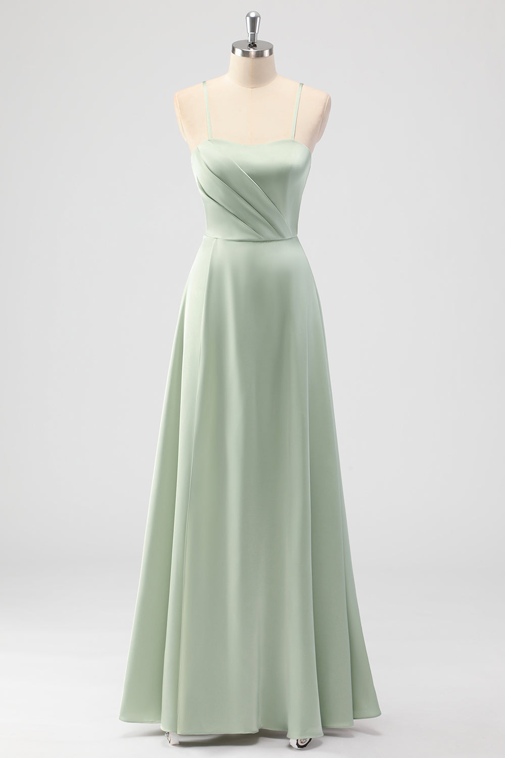 Leely Women Sage Green Spaghetti Straps Satin A Line Bridesmaid Dress Pleated Long Wedding Guest Dress