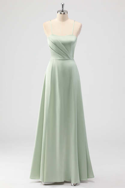 Leely Women Sage Green Spaghetti Straps Satin A Line Bridesmaid Dress Pleated Long Wedding Guest Dress