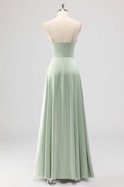 Sage Green Spaghetti Straps Satin A Line Bridesmaid Dress