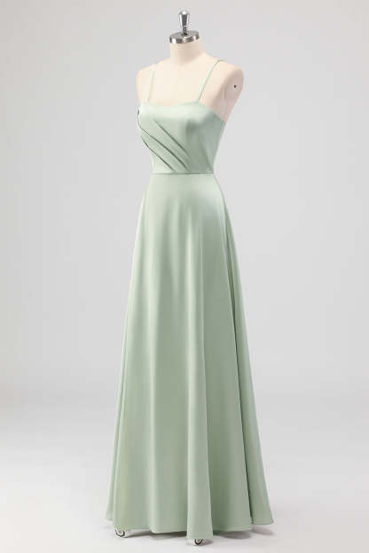 Sage Green Spaghetti Straps Satin A Line Bridesmaid Dress