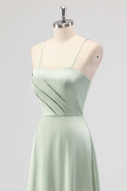 Sage Green Spaghetti Straps Satin A Line Bridesmaid Dress