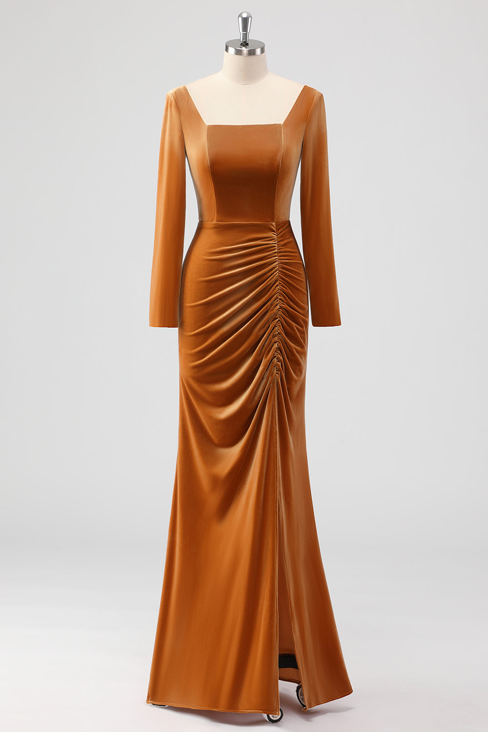 Leely Women Brown Long Sleeves Sheath Bridesmaid Dress with Slit Ruched Long Wedding Guest Dress