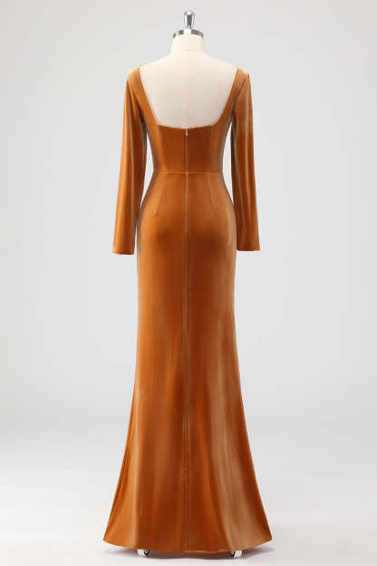 Brown Long Sleeves Sheath Ruched Bridesmaid Dress with Slit