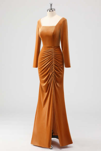 Brown Long Sleeves Sheath Ruched Bridesmaid Dress with Slit