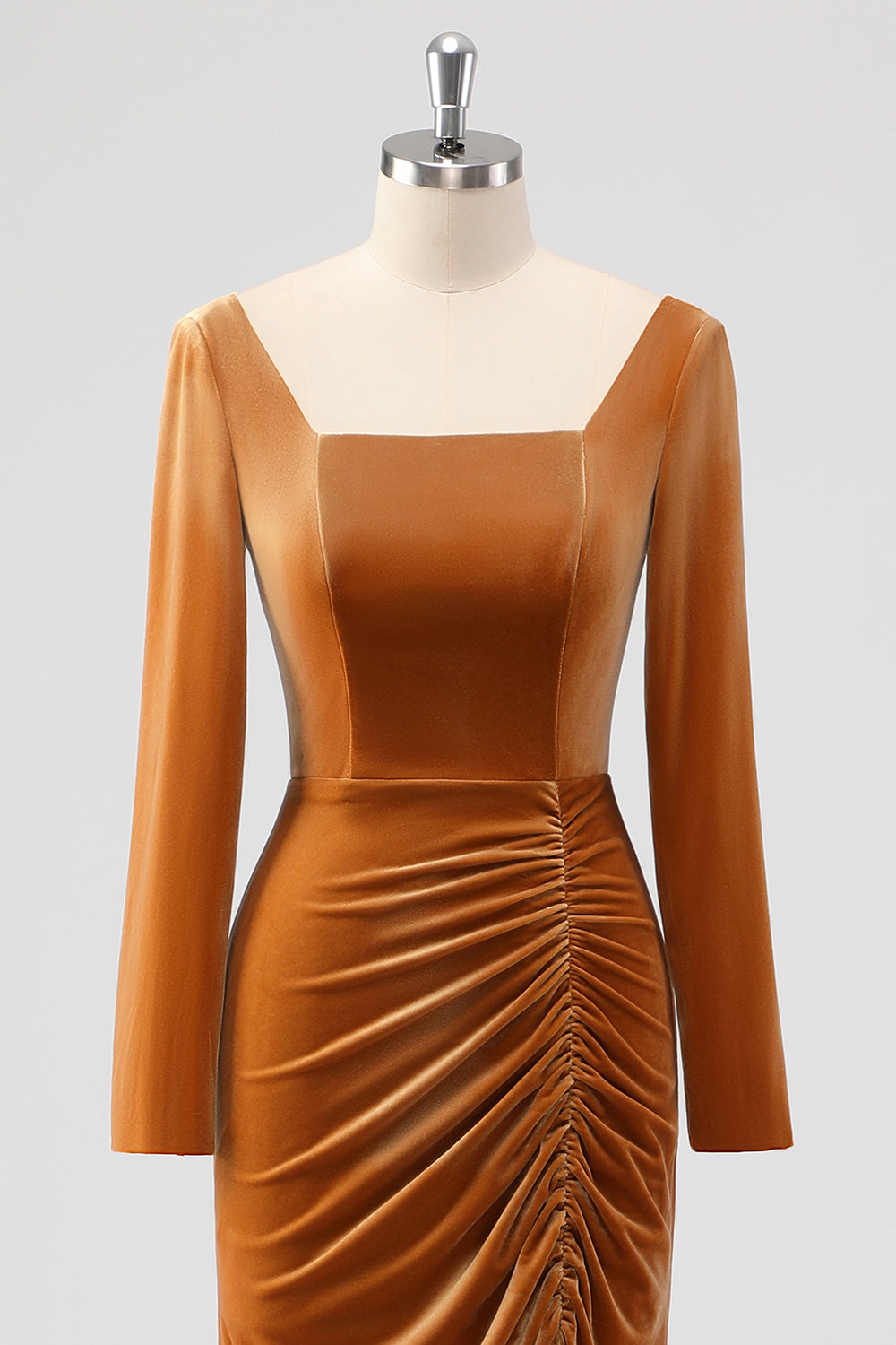 Brown Long Sleeves Sheath Ruched Bridesmaid Dress with Slit