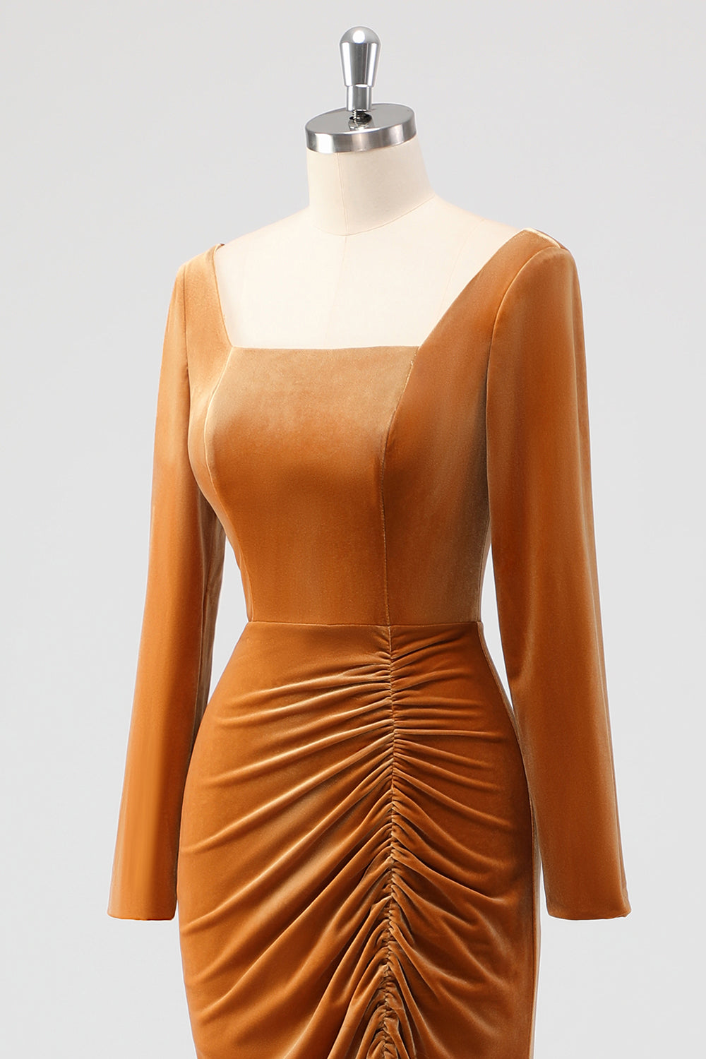 Brown Long Sleeves Sheath Ruched Bridesmaid Dress with Slit