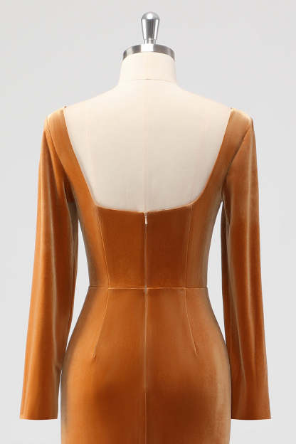 Brown Long Sleeves Sheath Ruched Bridesmaid Dress with Slit