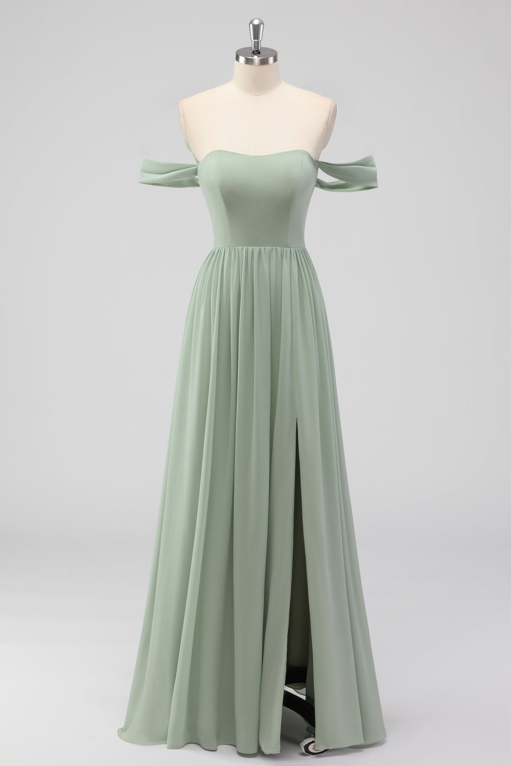 Leely Women A Line Sage Green Pleated Bridesmaid Dress with Slit Chiffon Off the Shoulder Long Wedding Guest Dress