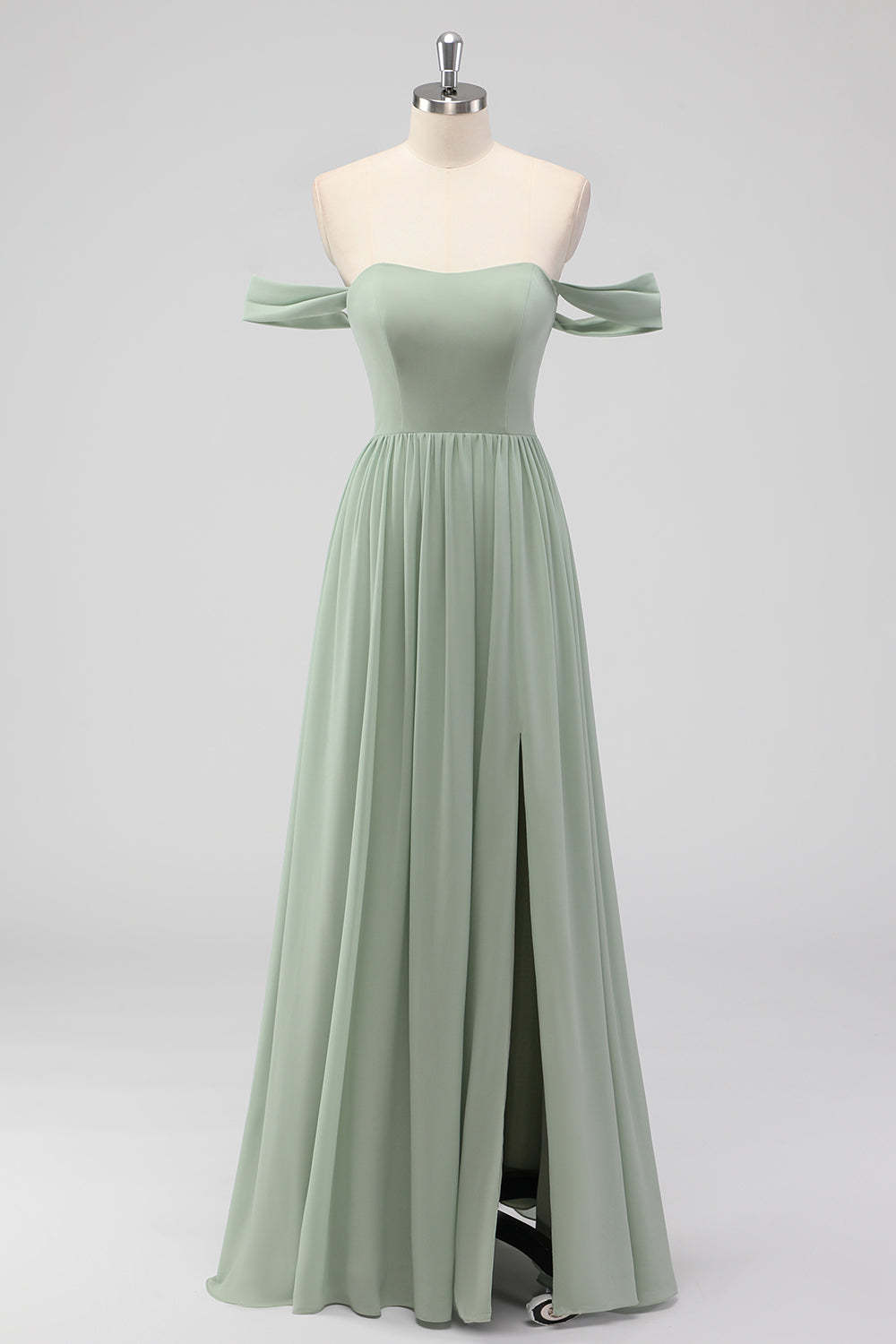 Leely Women A Line Sage Green Pleated Bridesmaid Dress with Slit Chiffon Off the Shoulder Long Wedding Guest Dress