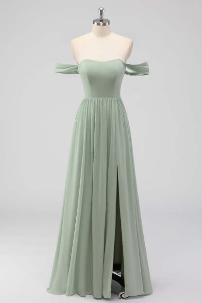 Leely Women A Line Sage Green Pleated Bridesmaid Dress with Slit Chiffon Off the Shoulder Long Wedding Guest Dress