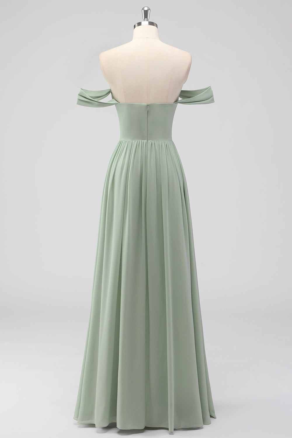 A Line Sage Green Off the Shoulder Pleated Bridesmaid Dress with Slit