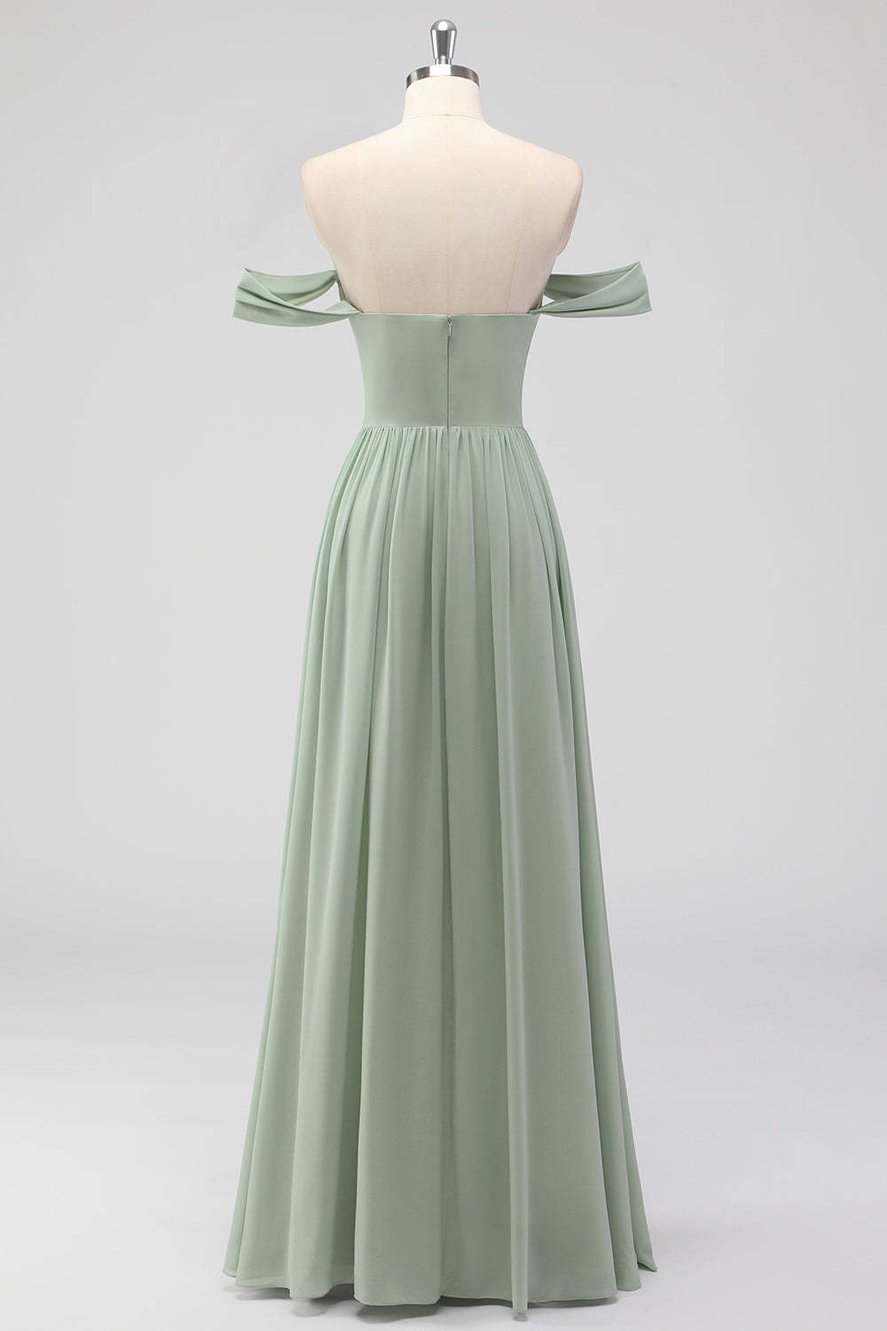 A Line Sage Green Off the Shoulder Pleated Bridesmaid Dress with Slit
